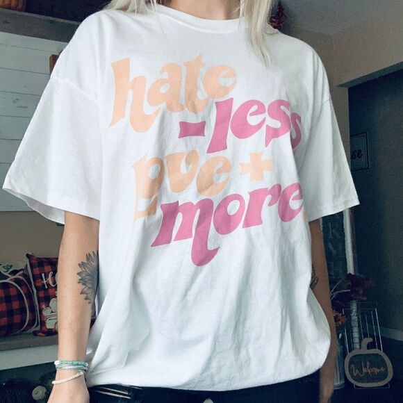 Love Tribe Hate Less & Love More Retro Bohemian Oversized T Shirt - Picture 3 of 7